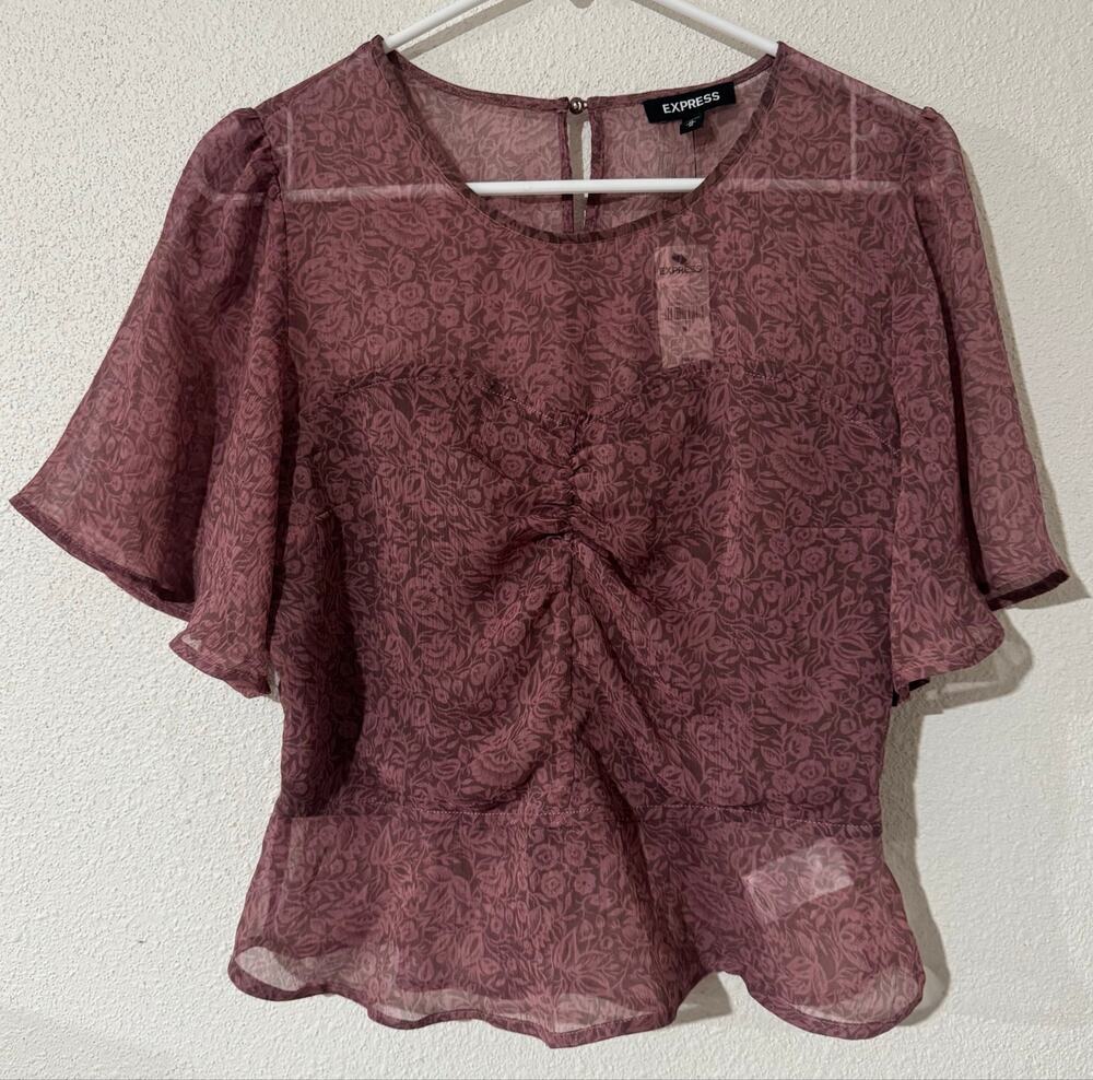 Express Mauve Floral Chiffon Flutter Sleeve Top Romantic Coquette Cottagecore